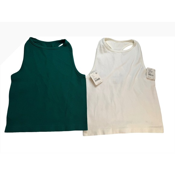 Free People Seamless Cropped Ribbed Tank Top 2-Pack Green & White New - Picture 1 of 2